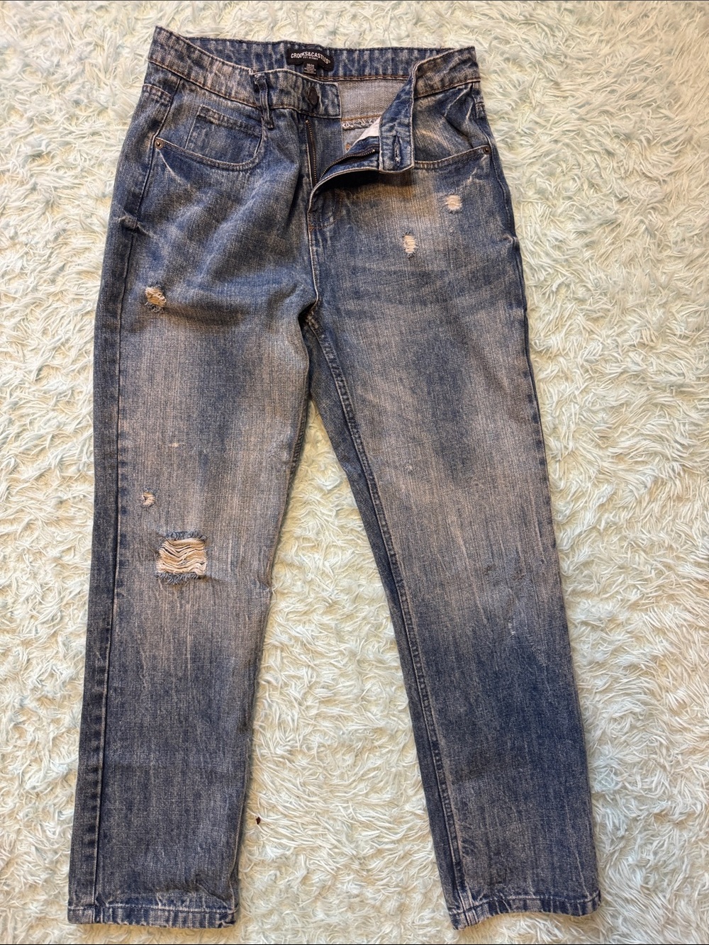 Crooks & Castles Men's Distressed Blue Relaxed Jeans 30x30.